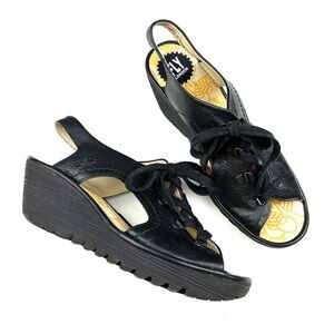 Fly London Ylfa Black Leather Lace Up Wedge Sandals size 10